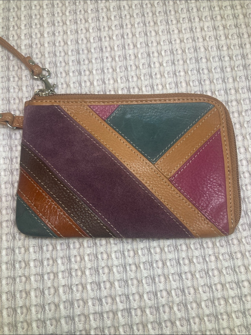Fossil Multi-Color Leather Patchwork Wristlet - Plum, Teal, Magenta, Brown, Tan